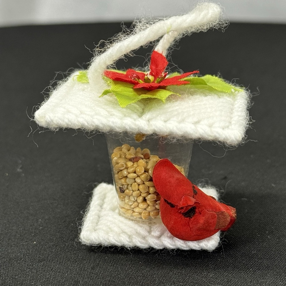 VTG BIRD FEEDER CHRISTMAS ORNAMENT - Handmade 1.75" Tall White Birds Birdseed